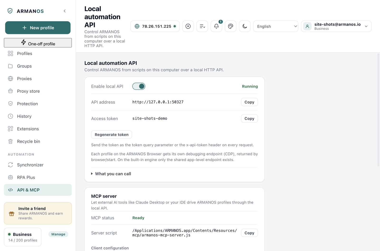 The API screen in ARMANOS: the enable switch, the local address, the access token and the list of routes.