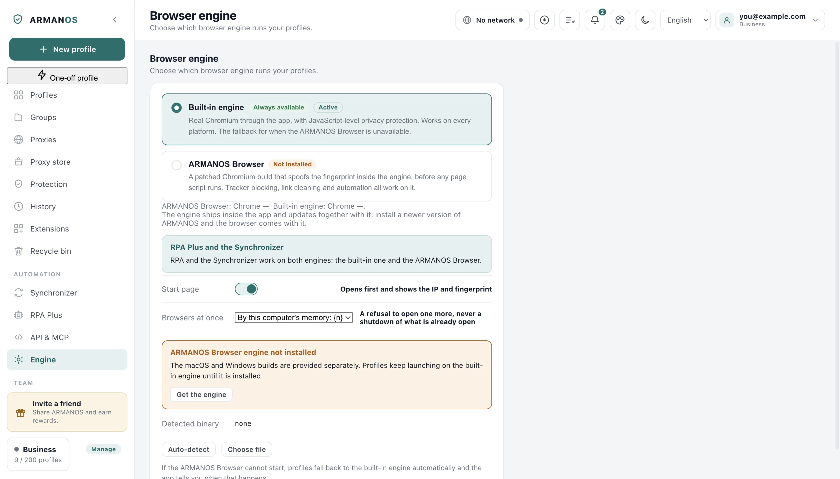 The browser engine screen in ARMANOS: the built-in engine protecting at the script level, and the ARMANOS Browser changing the fingerprint inside the engine.