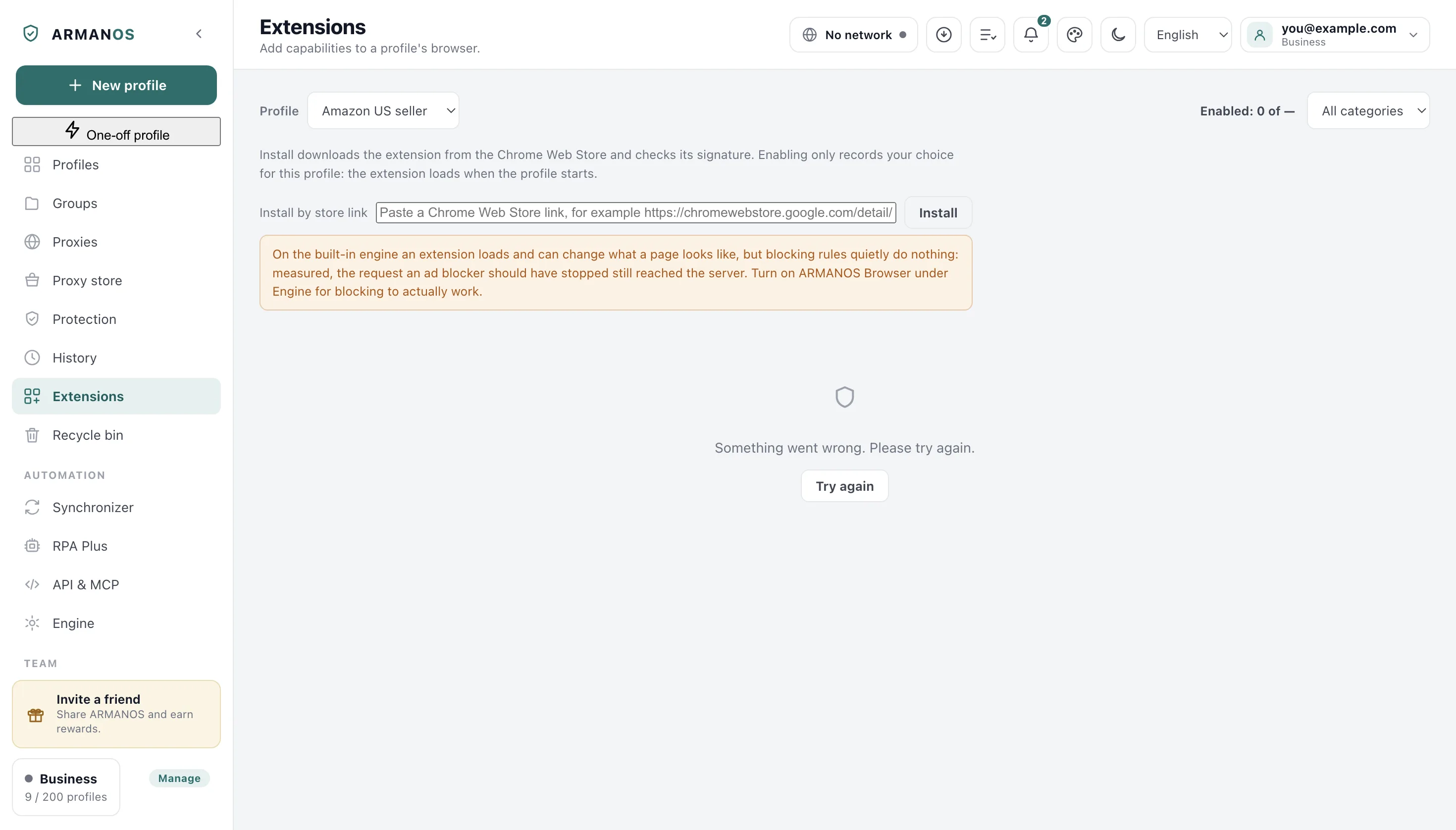 The Extensions screen with a profile picker above cards that show version, folder name and file state.