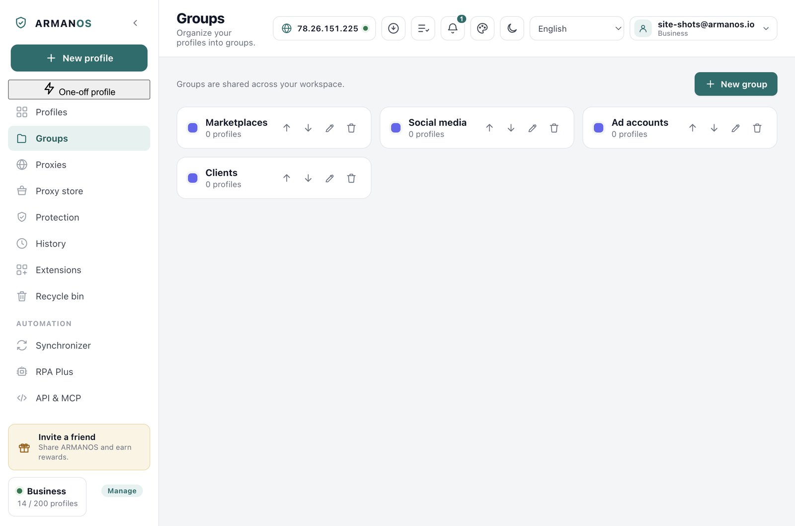 The Groups screen in ARMANOS, showing colour dots, names and profile counts