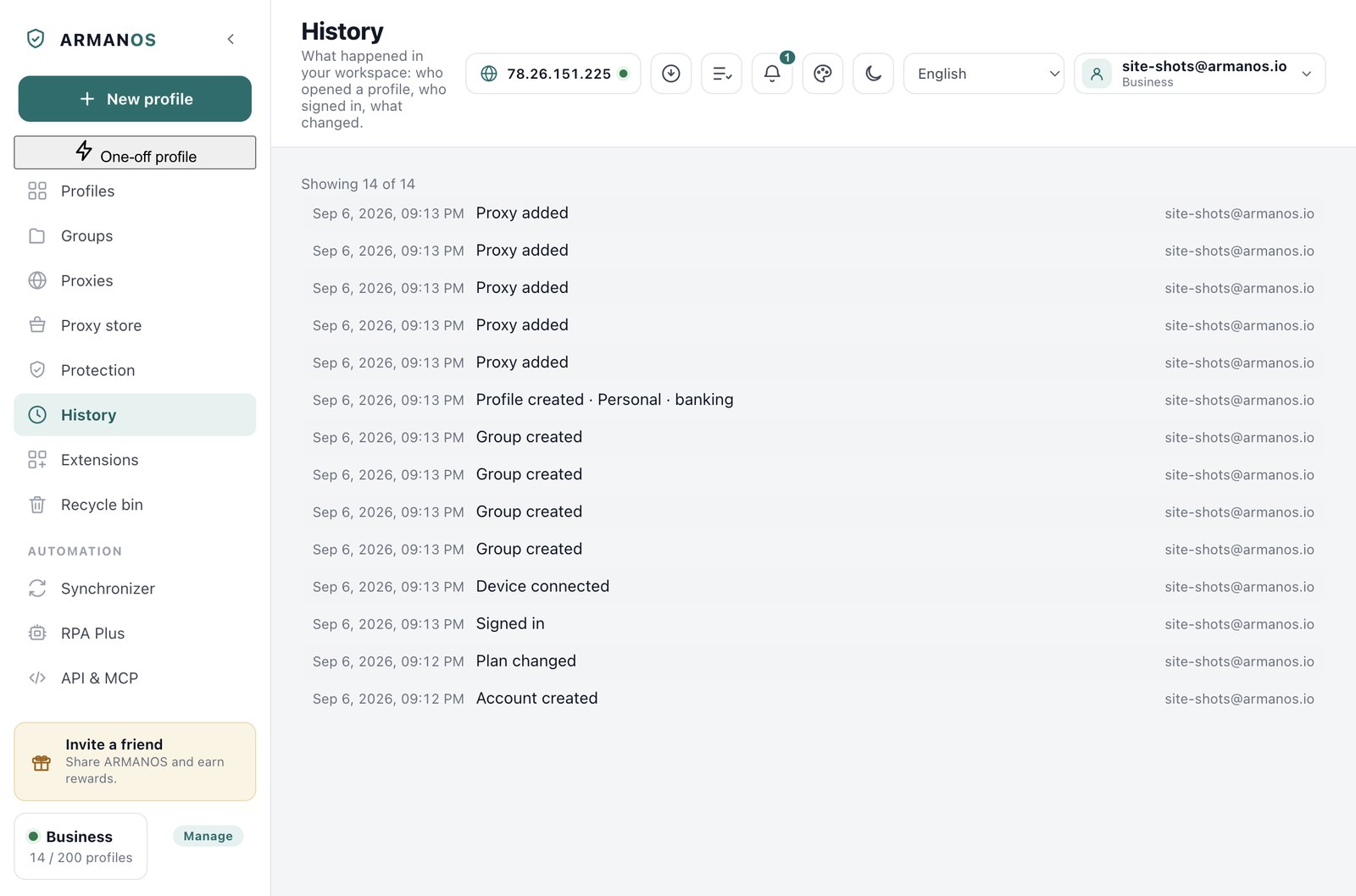 The History screen in the app: workspace rows with a date, an action and who did it