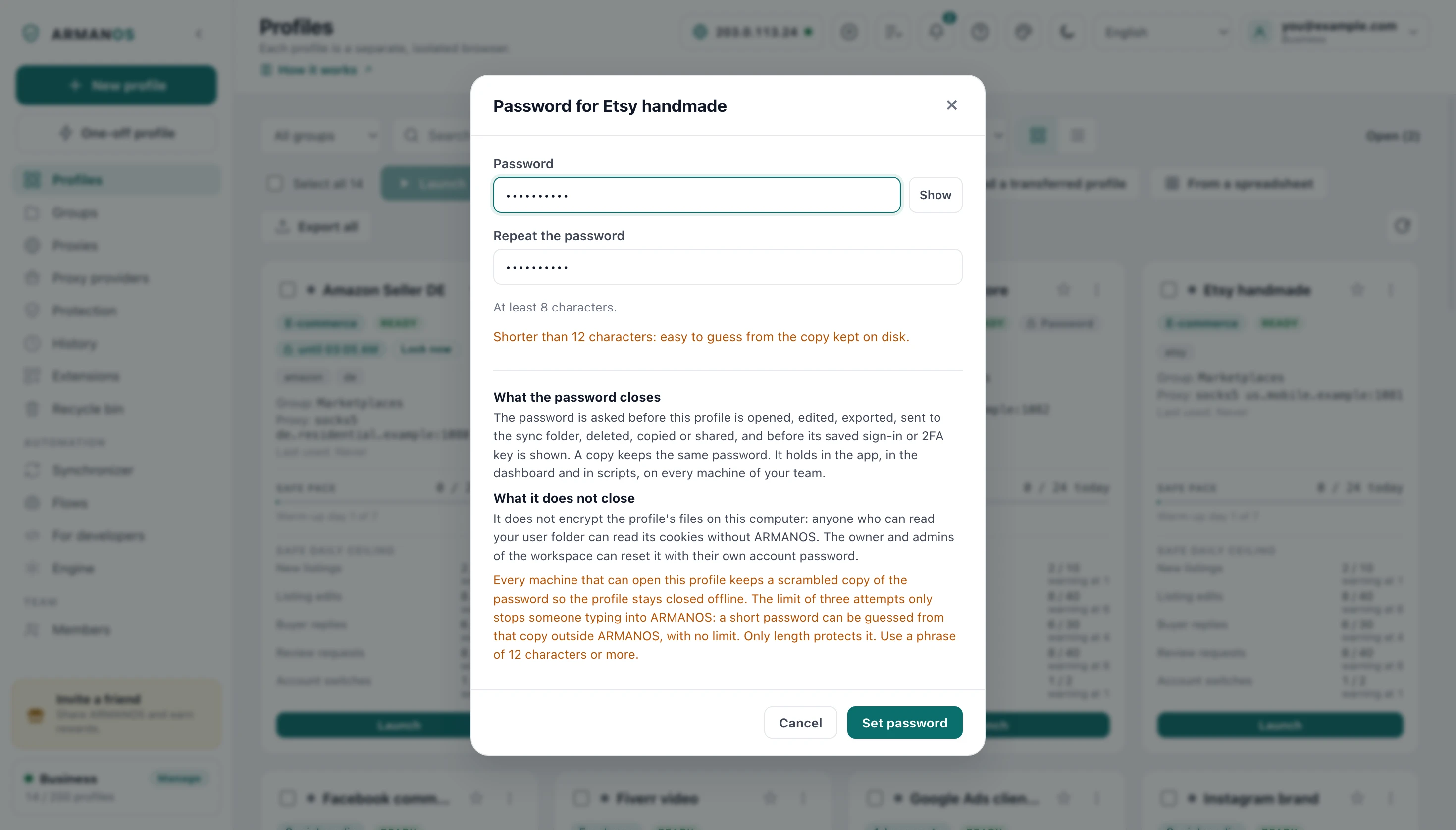 The Password for a profile window: two password fields, a short password warning, what the password closes and what it does not