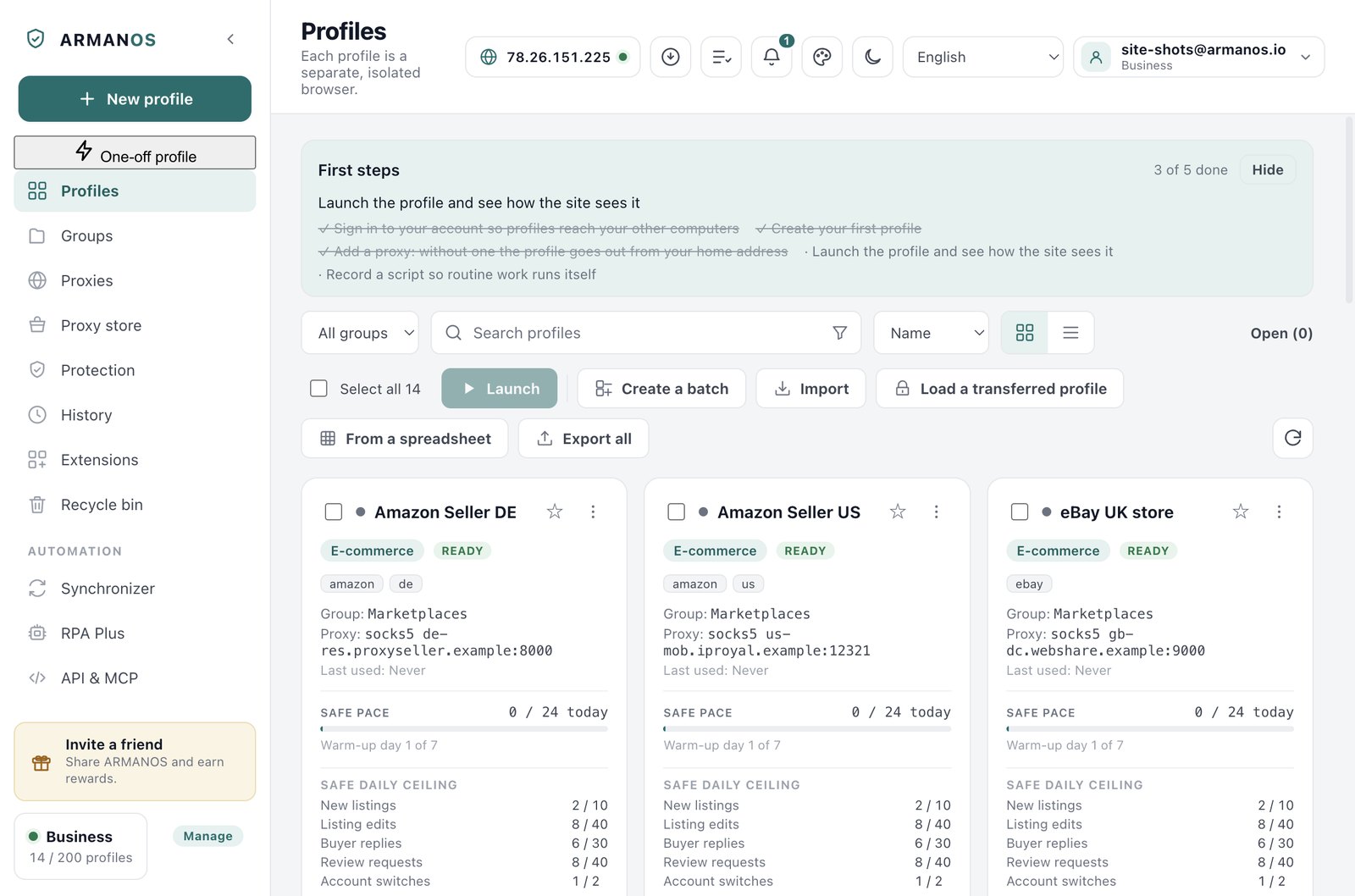 The ARMANOS profile list with checkboxes and the bulk action bar above it