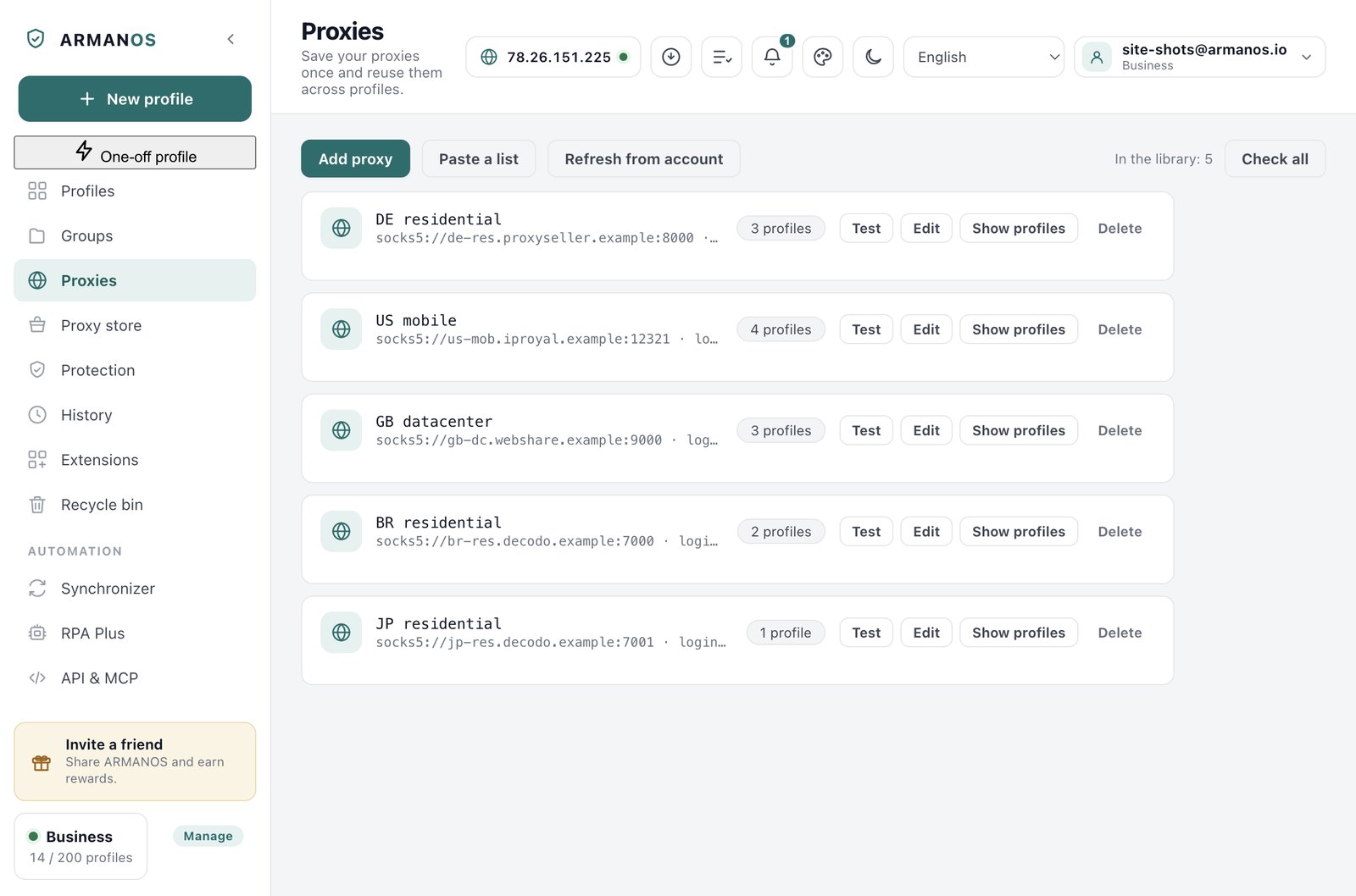 The Proxies screen of ARMANOS with five saved proxies and Test, Edit and Show profiles buttons on each row