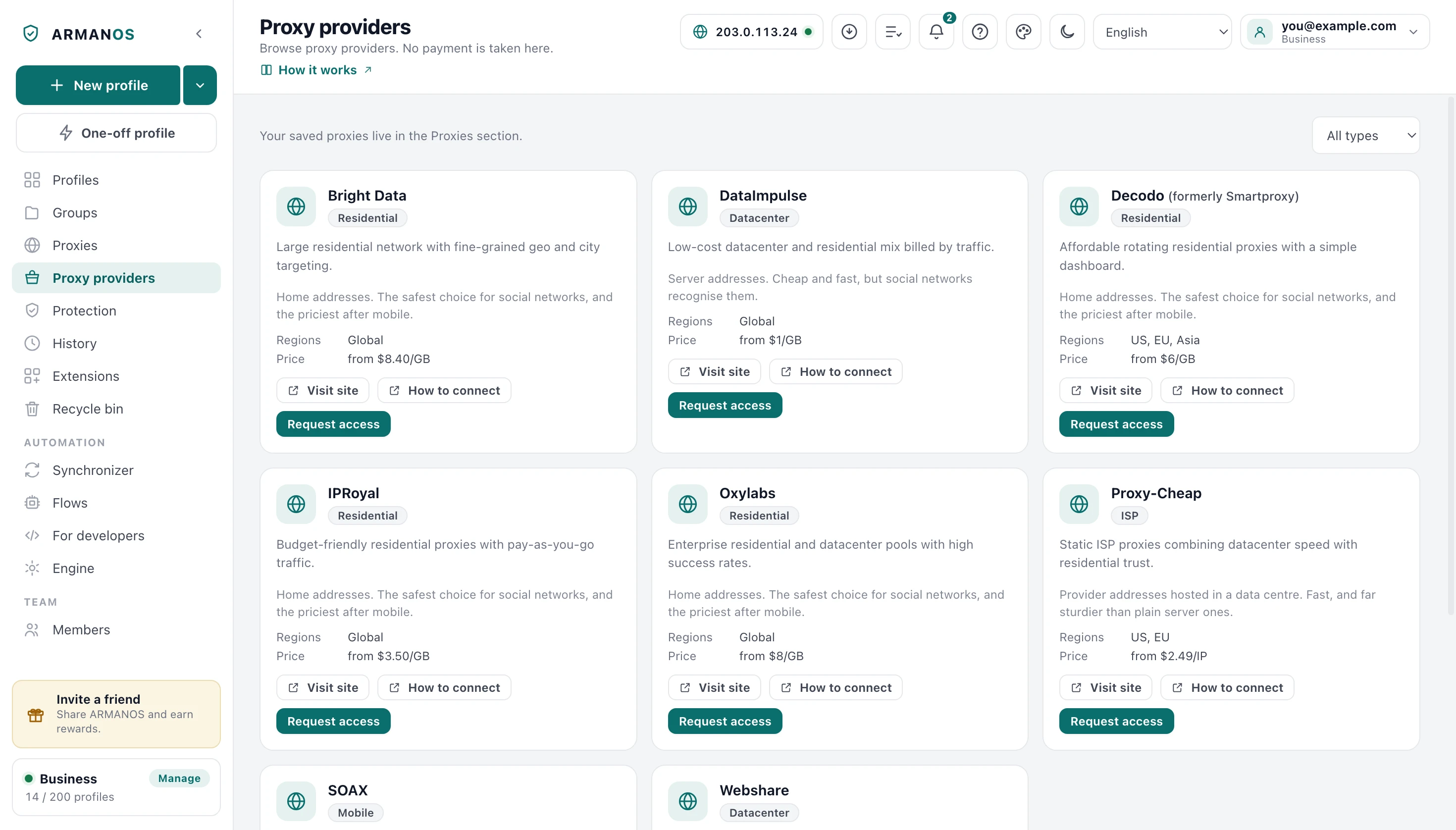The Proxy providers screen: provider cards with their type, regions, price and a Request access button