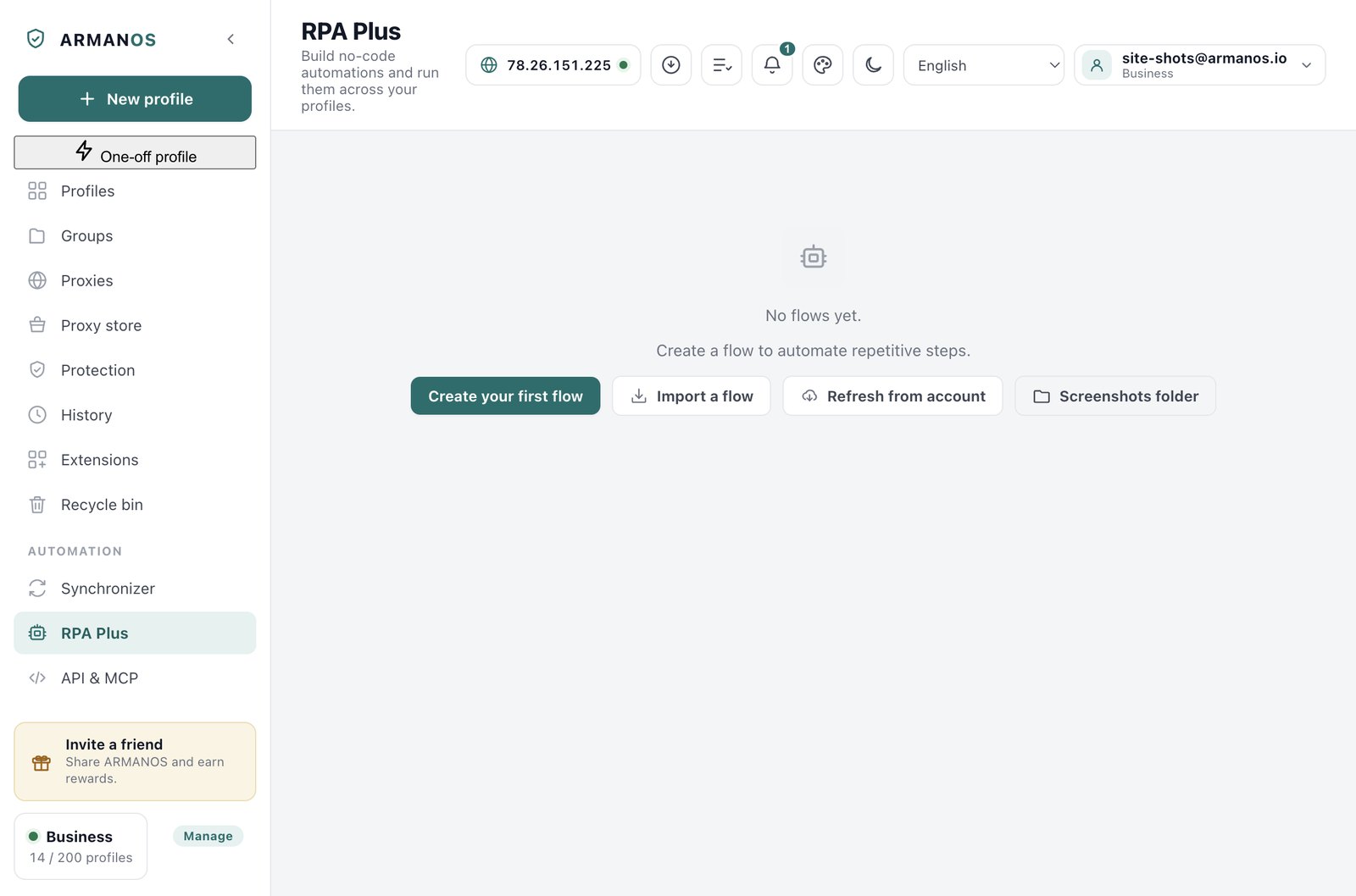 The RPA Plus screen in the ARMANOS manager, offering to create a first flow, import a flow or refresh flows from the account
