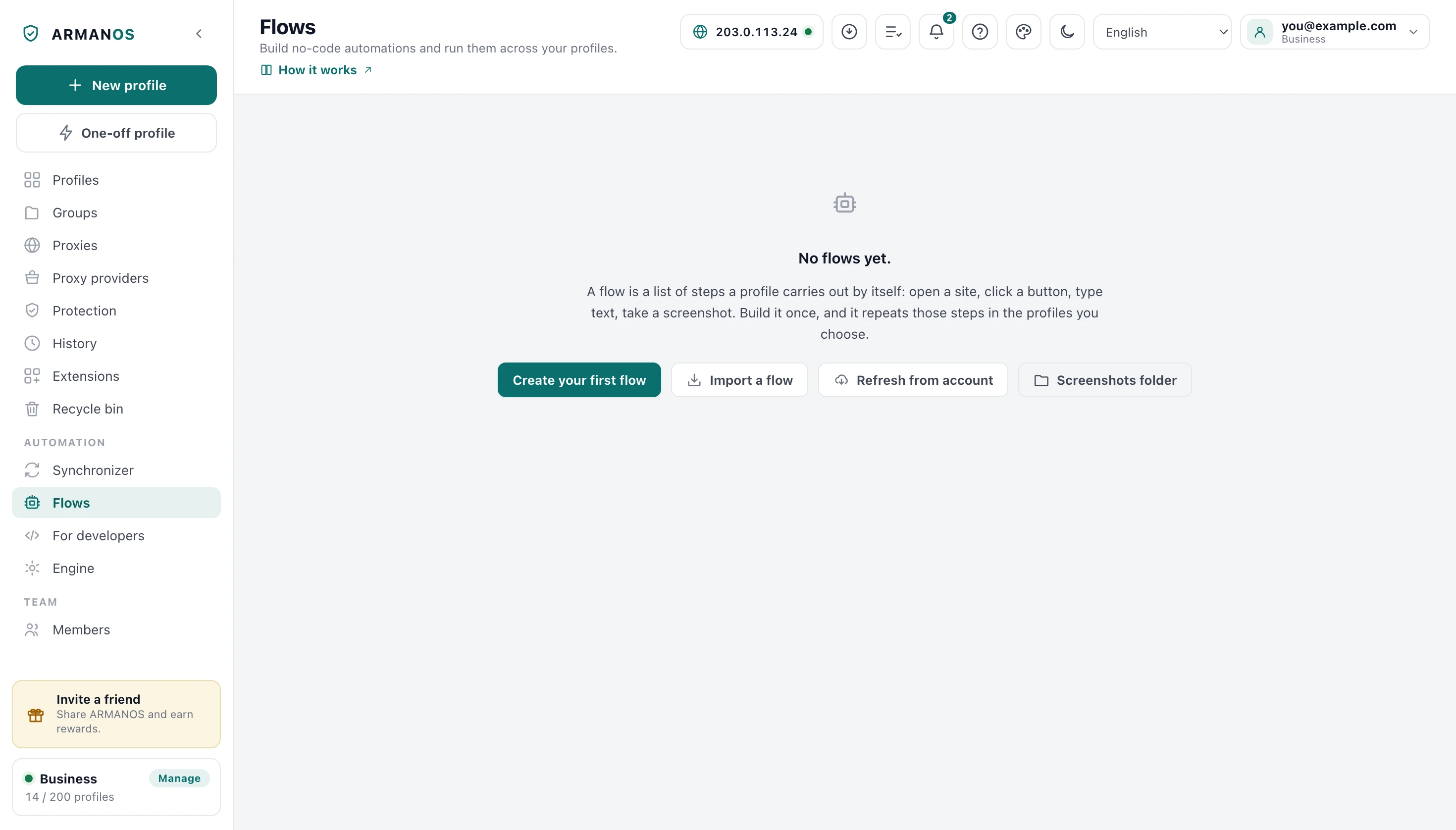 The Flows screen in the ARMANOS manager, offering to create a first flow, import a flow or refresh flows from the account