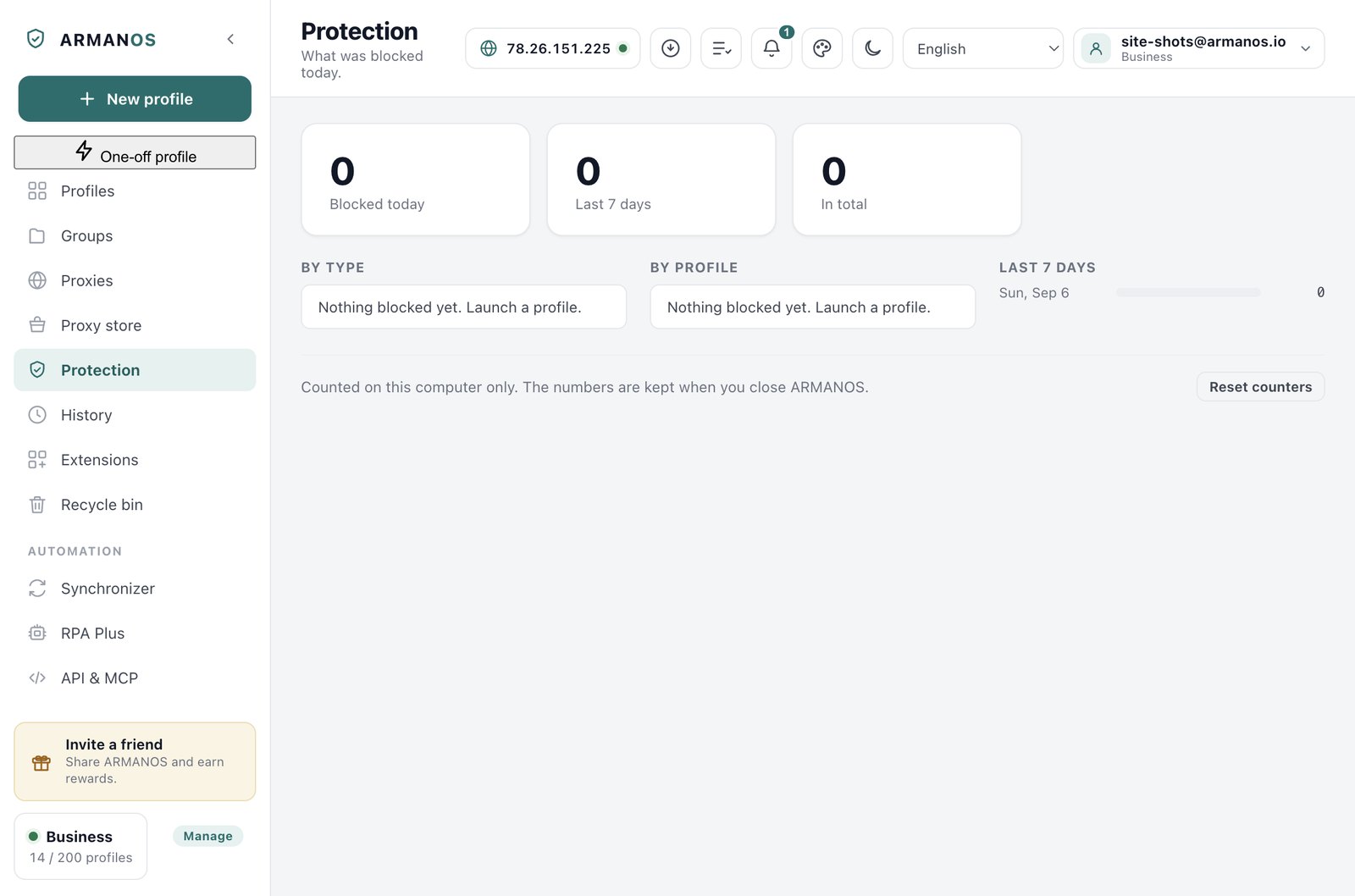 The Protection screen showing blocked today, the last 7 days and the total, with a breakdown by type, a breakdown by profile and a bar for each day