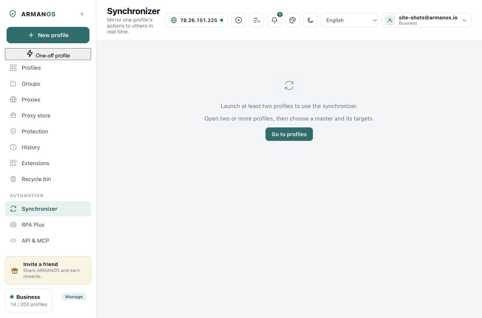 The Synchronizer screen in the ARMANOS manager, showing the message that at least two profiles must be running before a master and targets can be chosen