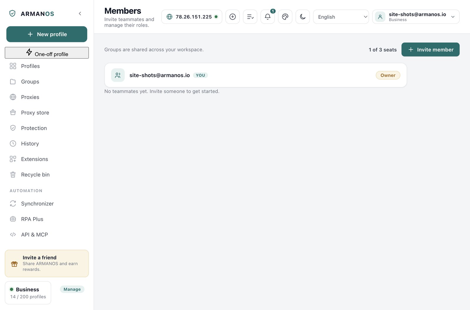 The Team screen in the desktop app: member rows with email, a role selector, a Folders button and a remove control.